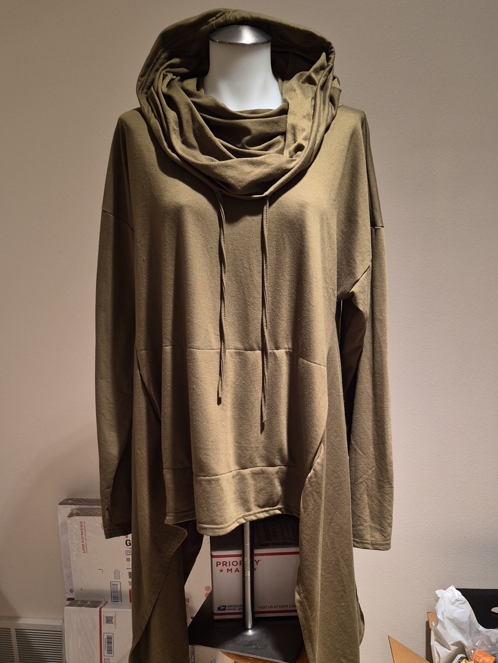 Olive Green, Asymetric, Hooded Draped Women's